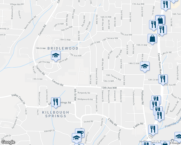 map of restaurants, bars, coffee shops, grocery stores, and more near 1344 5th Place Northwest in Center Point