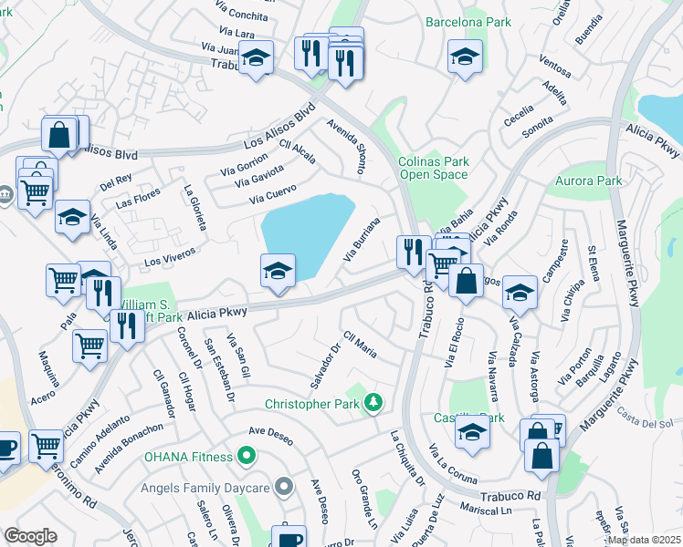 map of restaurants, bars, coffee shops, grocery stores, and more near 26702 Vía Linares in Mission Viejo
