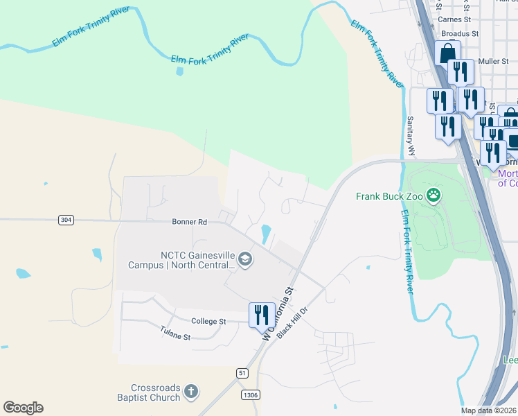 map of restaurants, bars, coffee shops, grocery stores, and more near 13 Quail Run Street in Gainesville