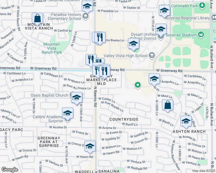 map of restaurants, bars, coffee shops, grocery stores, and more near 15458 West Port Au Prince Lane in Surprise