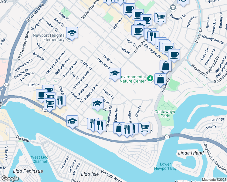 map of restaurants, bars, coffee shops, grocery stores, and more near 600 Irvine Avenue in Newport Beach