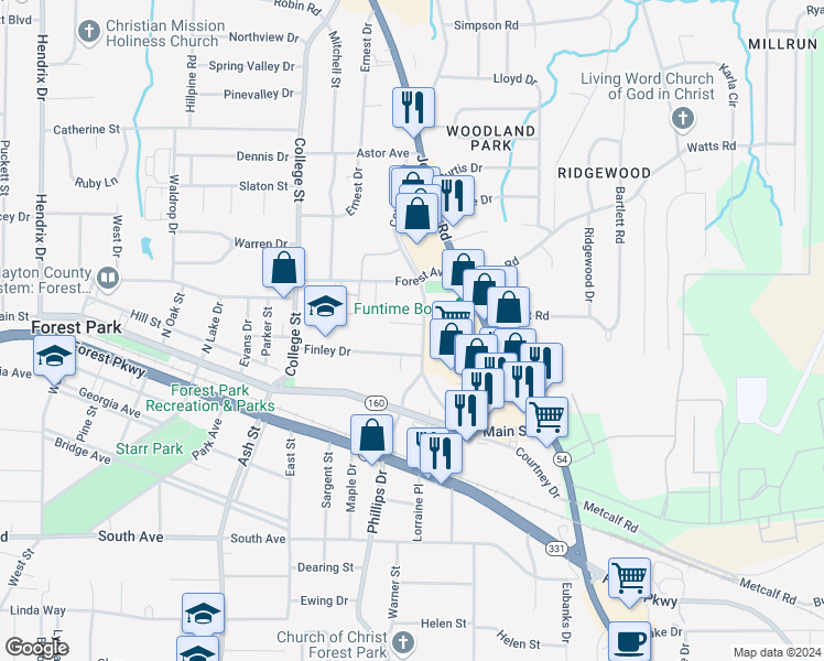 map of restaurants, bars, coffee shops, grocery stores, and more near 1041 Ferguson Court in Forest Park