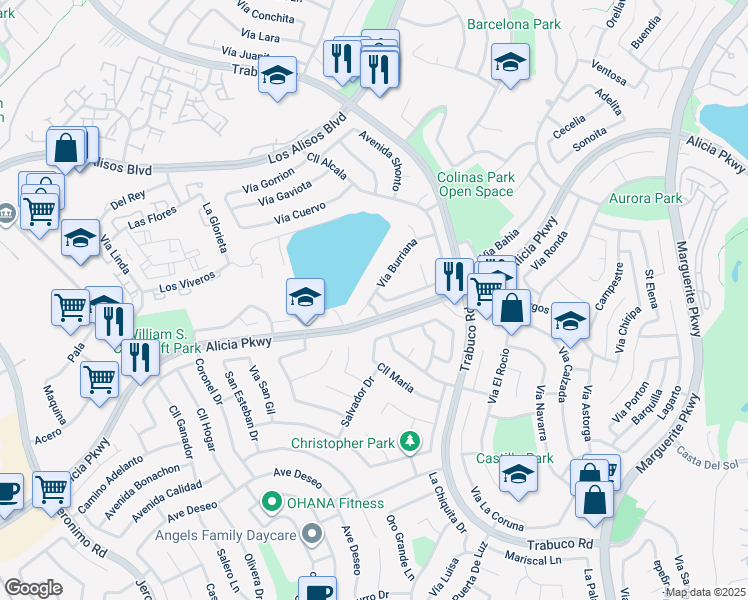 map of restaurants, bars, coffee shops, grocery stores, and more near 26702 Vía Linares in Mission Viejo