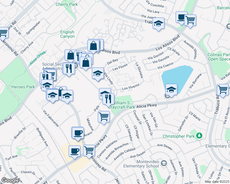 map of restaurants, bars, coffee shops, grocery stores, and more near 23461 Via Linda in Mission Viejo