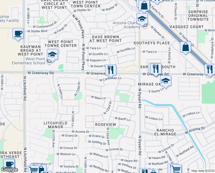 map of restaurants, bars, coffee shops, grocery stores, and more near 13339 West Acapulco Lane in Surprise
