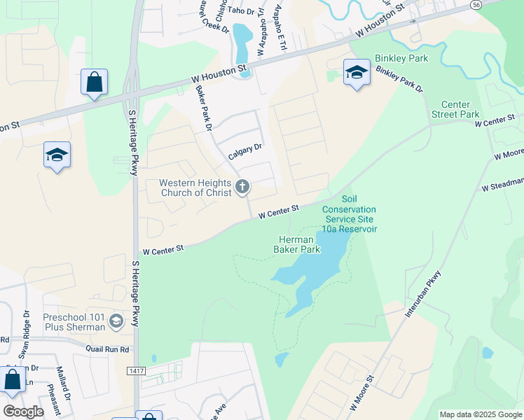 map of restaurants, bars, coffee shops, grocery stores, and more near 2605 West Center Street in Sherman