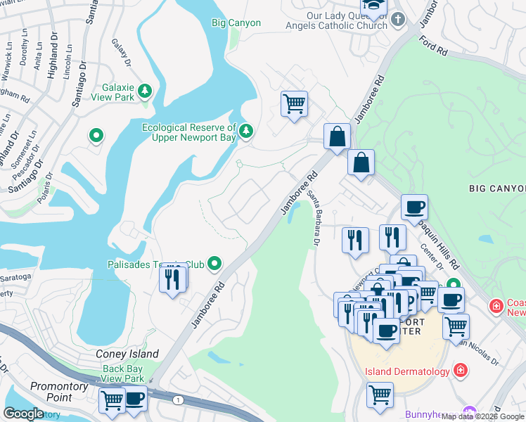 map of restaurants, bars, coffee shops, grocery stores, and more near 1432 Sea Ridge Drive in Newport Beach