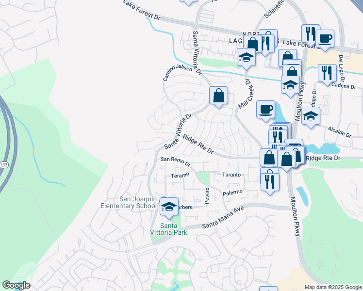 map of restaurants, bars, coffee shops, grocery stores, and more near 23432 Caminito Valle in Laguna Hills