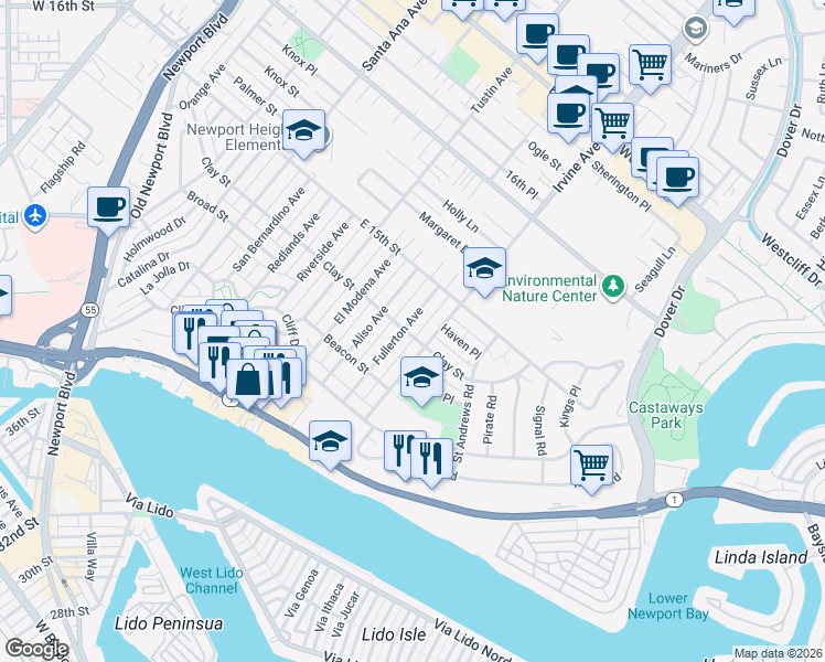 map of restaurants, bars, coffee shops, grocery stores, and more near 505 Fullerton Avenue in Newport Beach