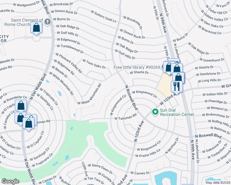 map of restaurants, bars, coffee shops, grocery stores, and more near 10410 West Prairie Hills Circle in Sun City