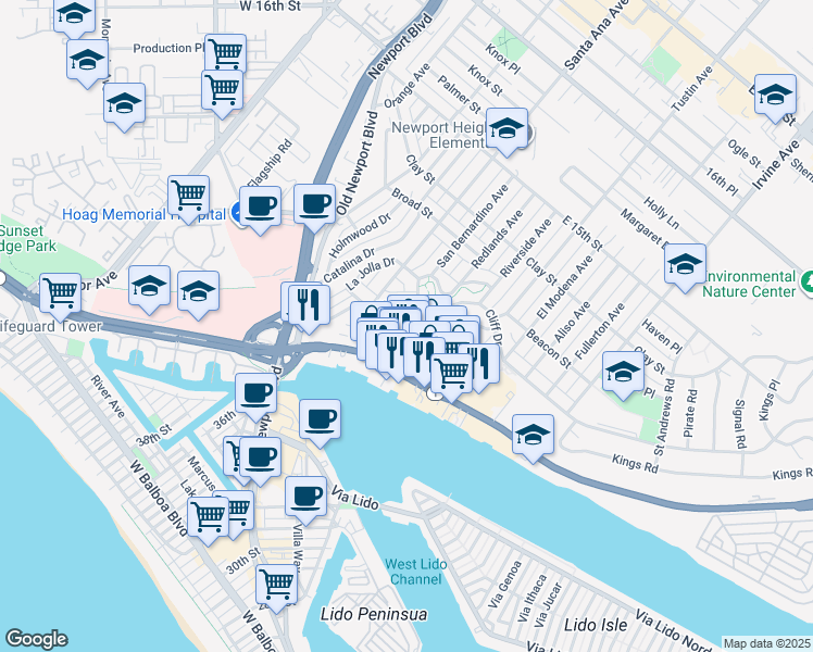 map of restaurants, bars, coffee shops, grocery stores, and more near 2919 Cliff Drive in Newport Beach