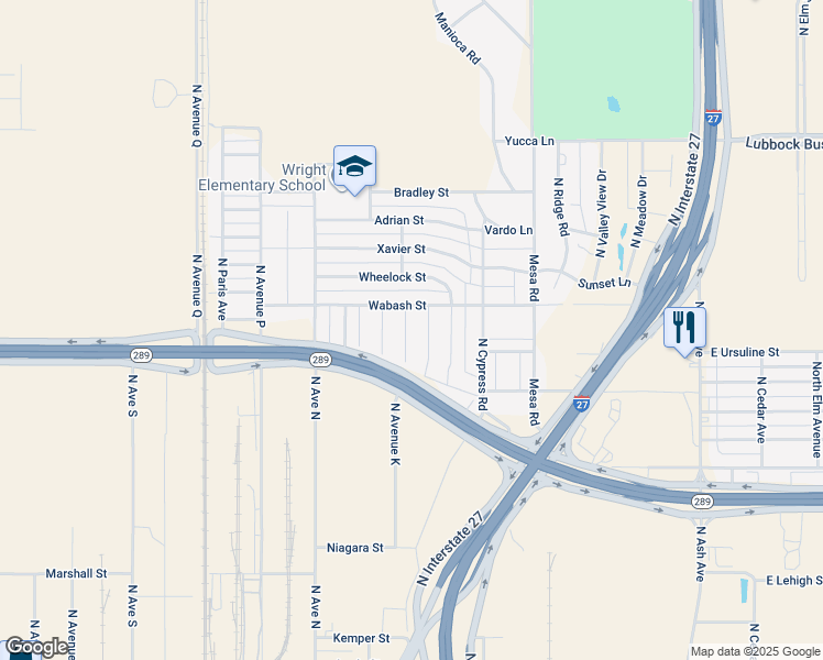 map of restaurants, bars, coffee shops, grocery stores, and more near 1001-1399 Wabash Street in Lubbock