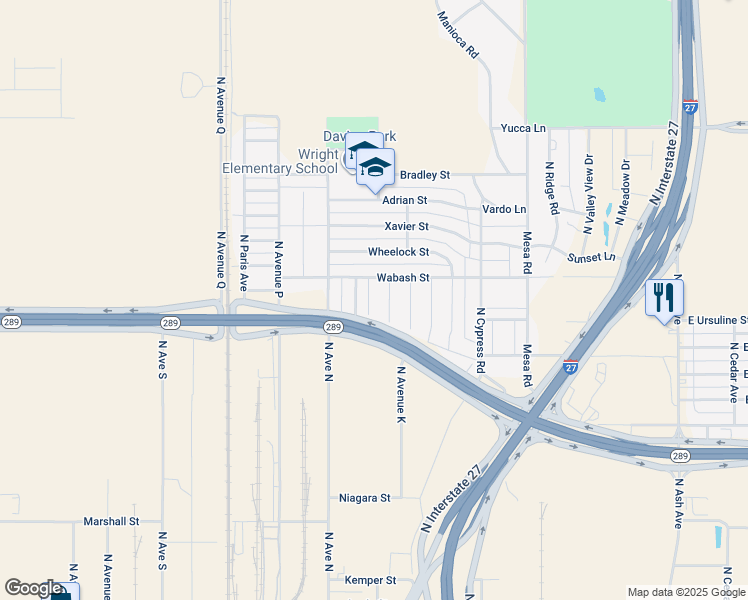 map of restaurants, bars, coffee shops, grocery stores, and more near 1001-1399 Wabash Street in Lubbock
