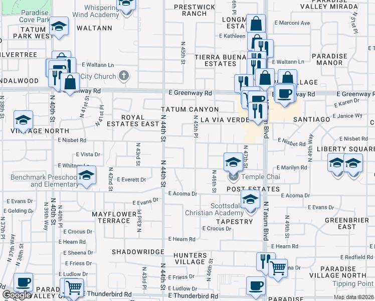 map of restaurants, bars, coffee shops, grocery stores, and more near 14842 North 45th Place in Phoenix