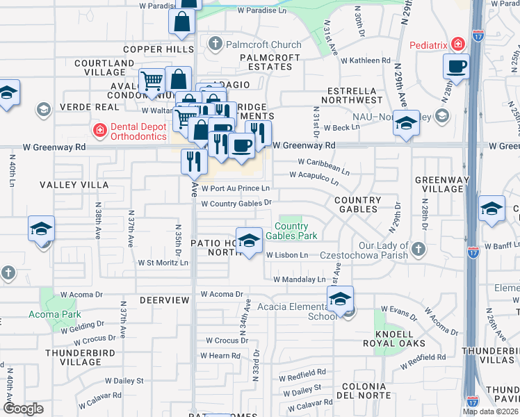 map of restaurants, bars, coffee shops, grocery stores, and more near 3250 West Country Gables Drive in Phoenix