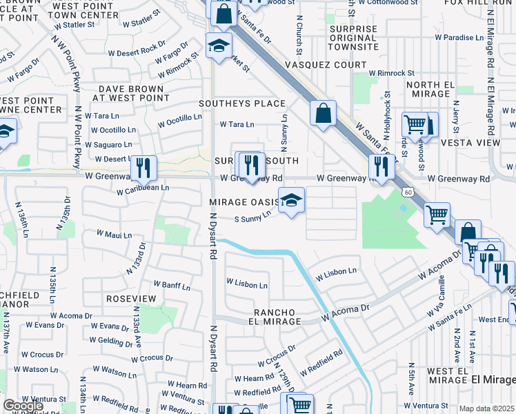 map of restaurants, bars, coffee shops, grocery stores, and more near 13011 West Greenway Road in Surprise
