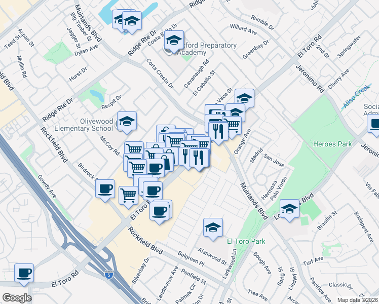 map of restaurants, bars, coffee shops, grocery stores, and more near 23356 El Perro Street in Lake Forest