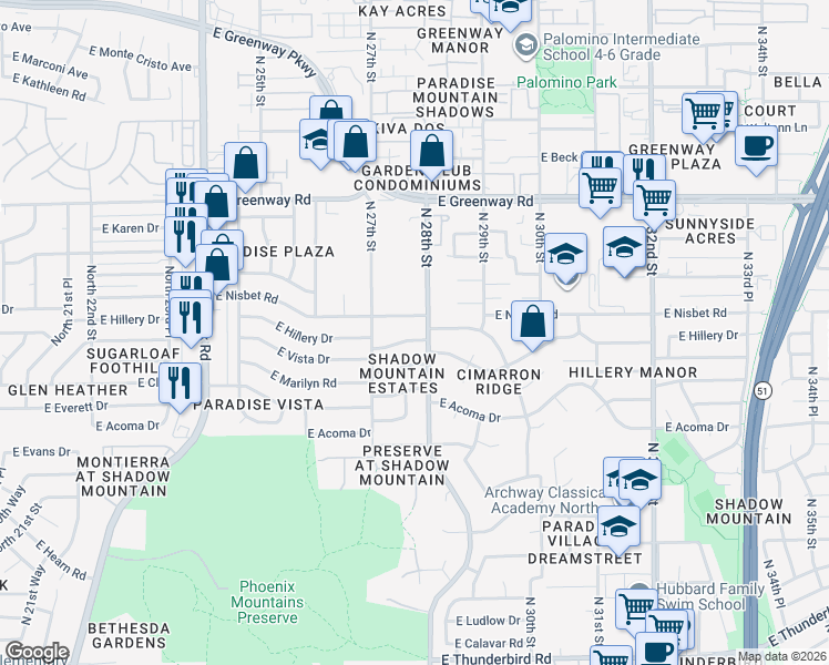 map of restaurants, bars, coffee shops, grocery stores, and more near 2721 East Nisbet Road in Phoenix