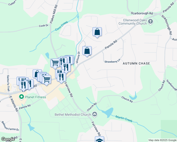map of restaurants, bars, coffee shops, grocery stores, and more near 35 Fairfield Drive in Ellenwood