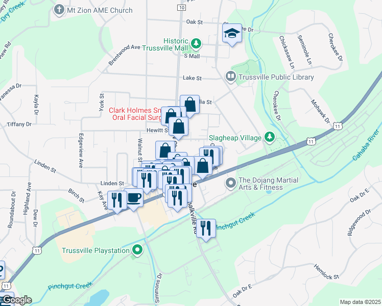 map of restaurants, bars, coffee shops, grocery stores, and more near 174 Vann Circle in Trussville
