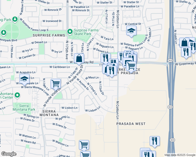 map of restaurants, bars, coffee shops, grocery stores, and more near 17225 West Maui Lane in Surprise