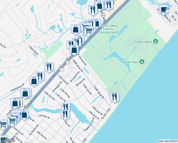 map of restaurants, bars, coffee shops, grocery stores, and more near 619 17th Avenue North in Surfside Beach