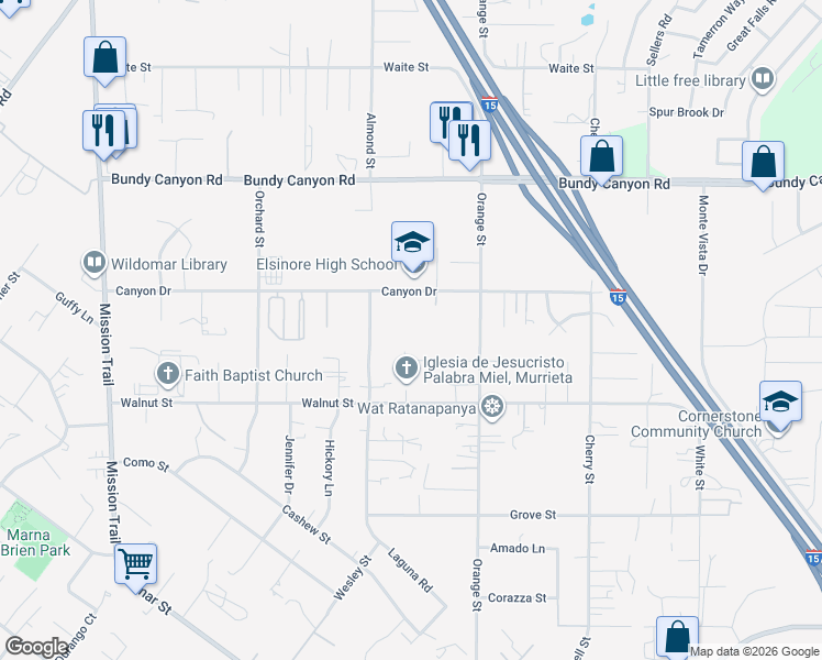 map of restaurants, bars, coffee shops, grocery stores, and more near 21903 Canyon Drive in Wildomar