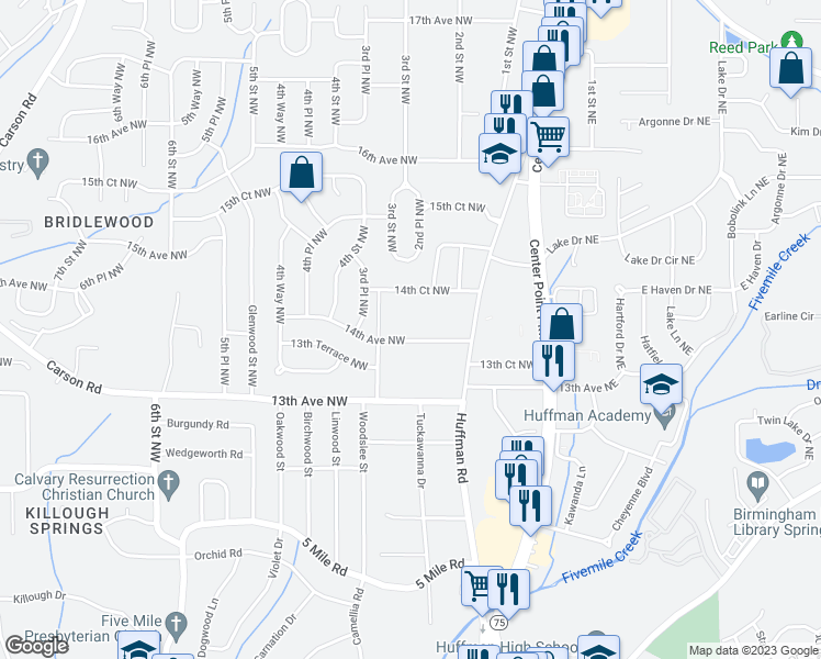 map of restaurants, bars, coffee shops, grocery stores, and more near 116 14th Avenue Northwest in Birmingham