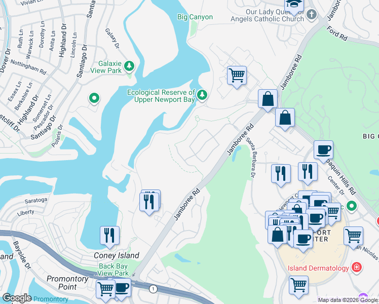 map of restaurants, bars, coffee shops, grocery stores, and more near 1403 High Bluff Drive in Newport Beach