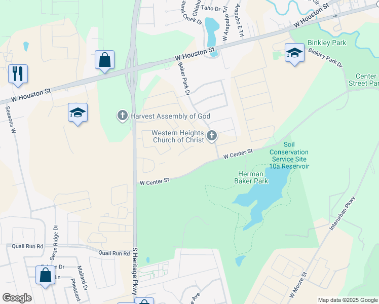 map of restaurants, bars, coffee shops, grocery stores, and more near 800 Baker Park Drive in Sherman