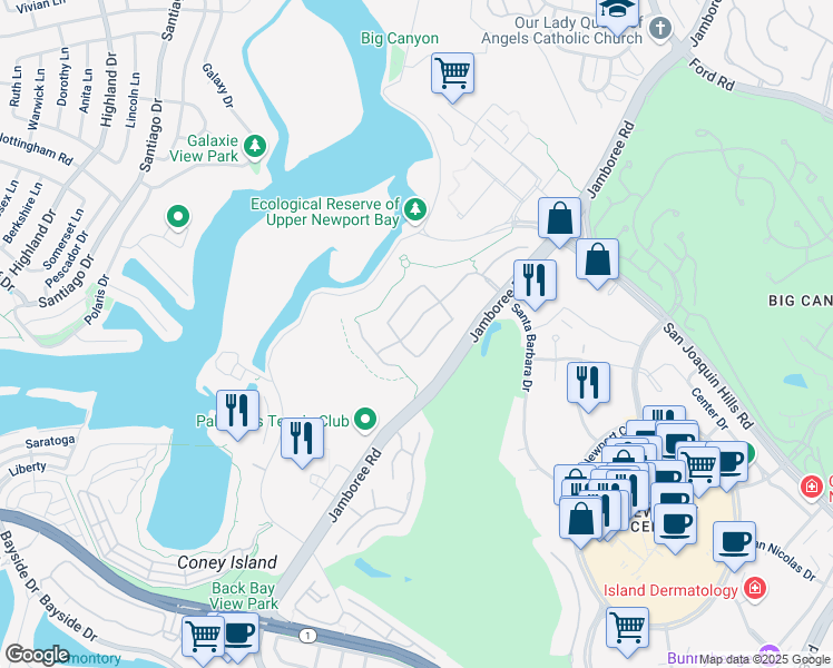 map of restaurants, bars, coffee shops, grocery stores, and more near 1422 Newporter Way in Newport Beach