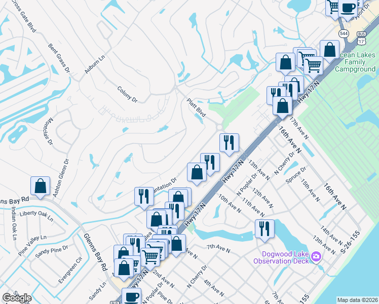 map of restaurants, bars, coffee shops, grocery stores, and more near 586 Circle Drive in Myrtle Beach
