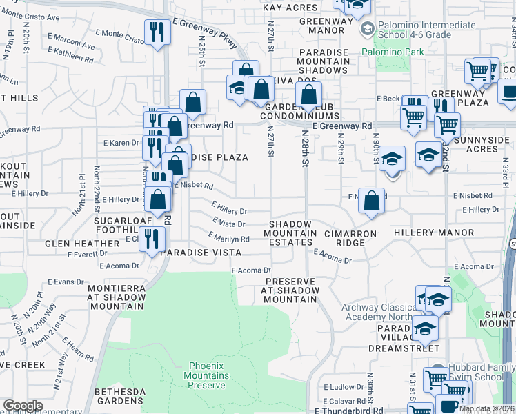 map of restaurants, bars, coffee shops, grocery stores, and more near 2645 East Nisbet Road in Phoenix