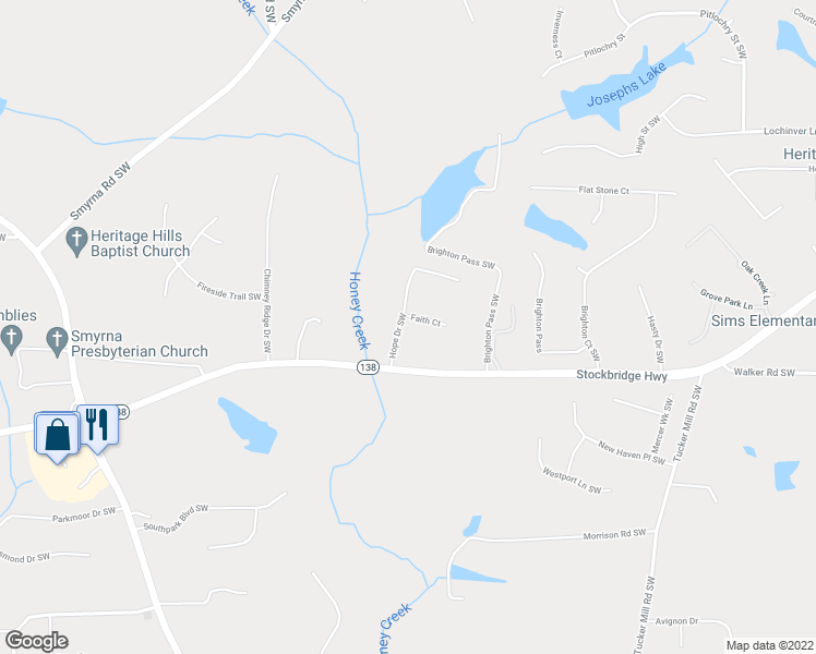 map of restaurants, bars, coffee shops, grocery stores, and more near 2600 Faith Court in Conyers