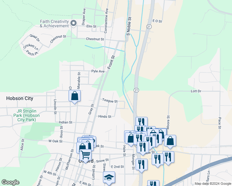 map of restaurants, bars, coffee shops, grocery stores, and more near 66 Gwin Street in Oxford