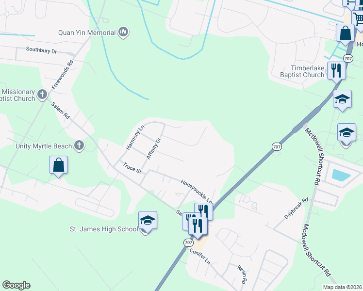 map of restaurants, bars, coffee shops, grocery stores, and more near 227 Harmony Lane in Myrtle Beach