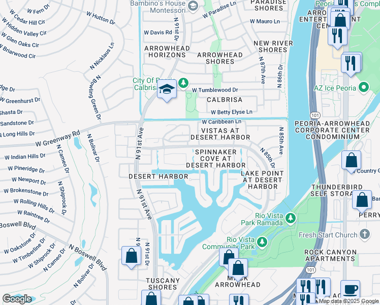 map of restaurants, bars, coffee shops, grocery stores, and more near 8906 West Custer Lane in Peoria