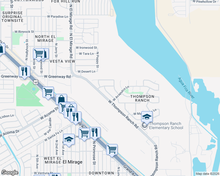map of restaurants, bars, coffee shops, grocery stores, and more near 15205 North Luna Street in El Mirage