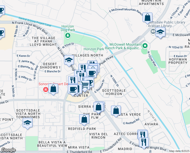 map of restaurants, bars, coffee shops, grocery stores, and more near 15031 North Thompson Peak Parkway in Scottsdale