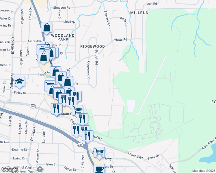 map of restaurants, bars, coffee shops, grocery stores, and more near 4839 Price Street in Forest Park