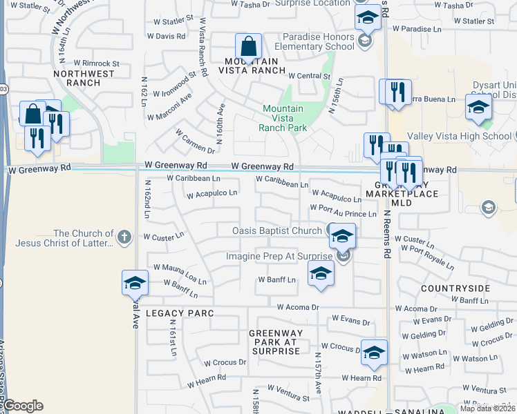 map of restaurants, bars, coffee shops, grocery stores, and more near 15829 West Port Au Prince Lane in Surprise