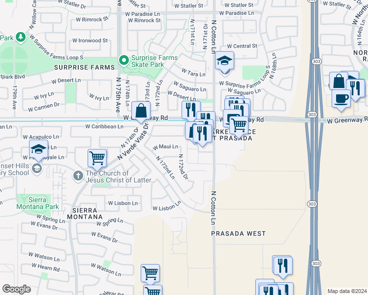 map of restaurants, bars, coffee shops, grocery stores, and more near 15143 North 172nd Drive in Surprise