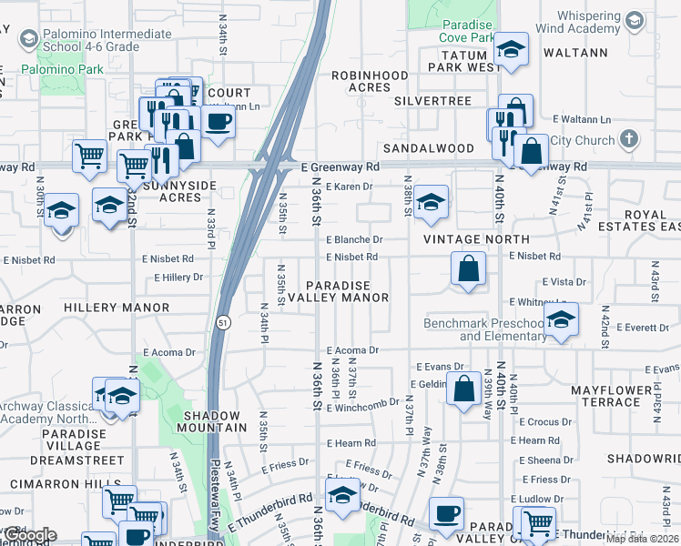 map of restaurants, bars, coffee shops, grocery stores, and more near 14843 North 36th Place in Phoenix