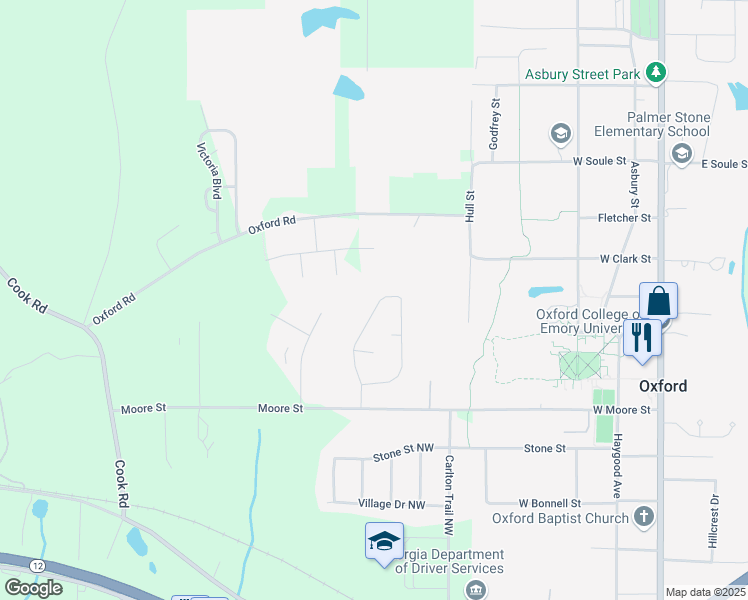 map of restaurants, bars, coffee shops, grocery stores, and more near 146 Longstreet Circle in Oxford