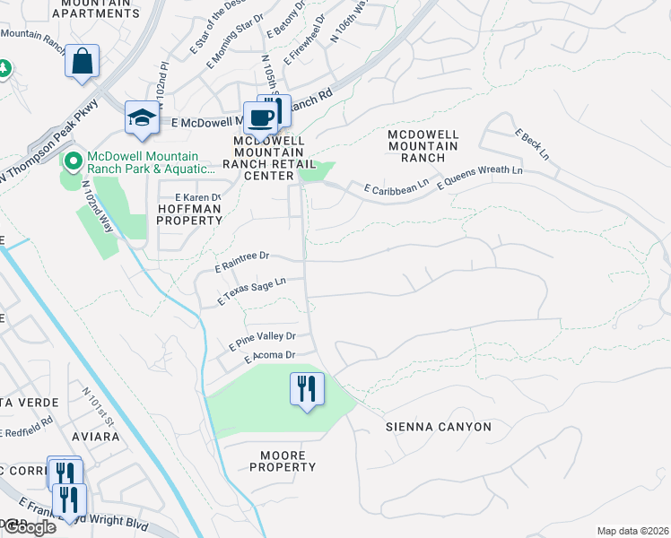 map of restaurants, bars, coffee shops, grocery stores, and more near 10606 East Raintree Drive in Scottsdale