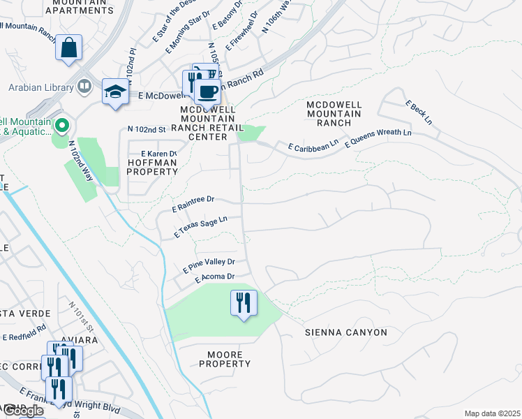 map of restaurants, bars, coffee shops, grocery stores, and more near 10606 East Raintree Drive in Scottsdale