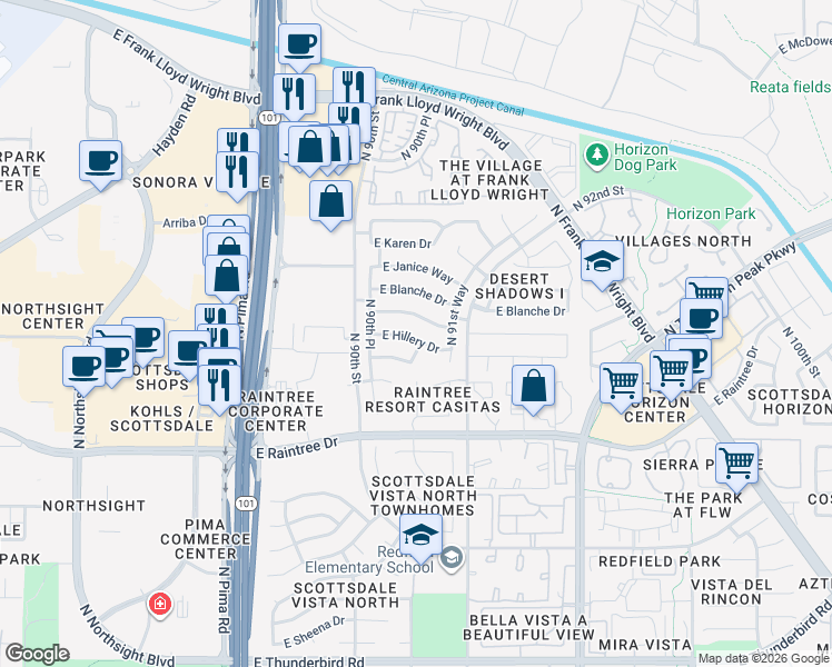 map of restaurants, bars, coffee shops, grocery stores, and more near 9069 East Pine Valley Road in Scottsdale