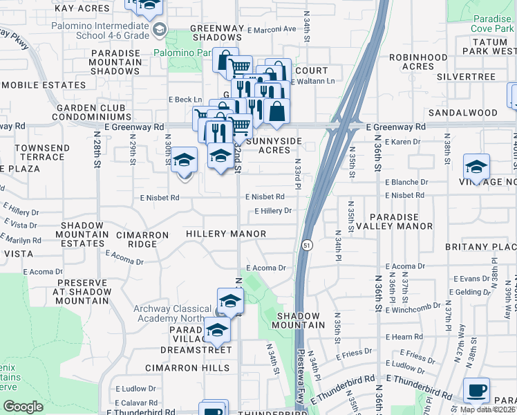 map of restaurants, bars, coffee shops, grocery stores, and more near 3215 East Nisbet Road in Phoenix