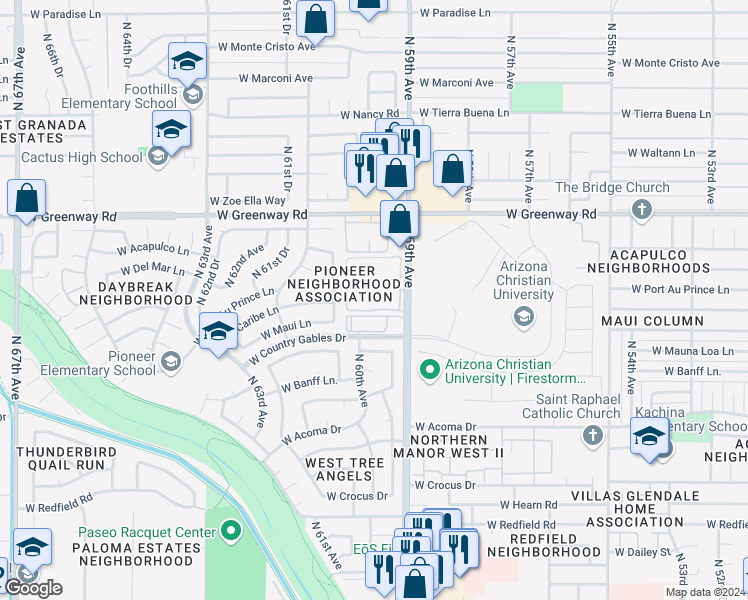 map of restaurants, bars, coffee shops, grocery stores, and more near 15050 North 59th Avenue in Glendale