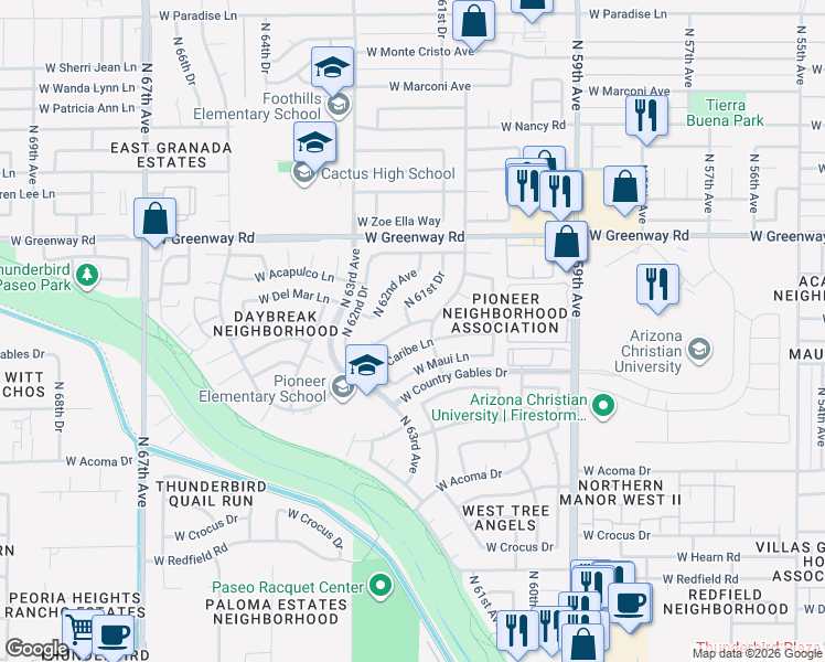 map of restaurants, bars, coffee shops, grocery stores, and more near 15210 North 61st Drive in Glendale